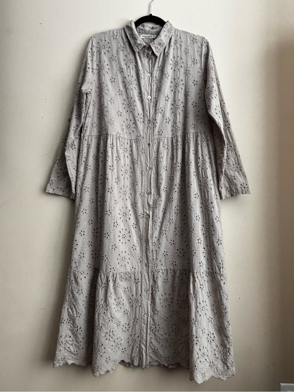 Laura Bianche Sz L Cotton Eyelet Dress In Taupe